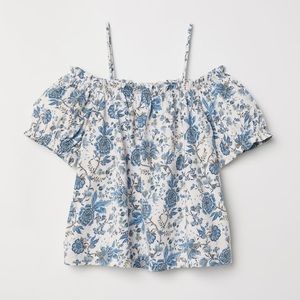 H&M Blue and White Floral Cotton Off-the-shoulder Top with Ruffles (Large)